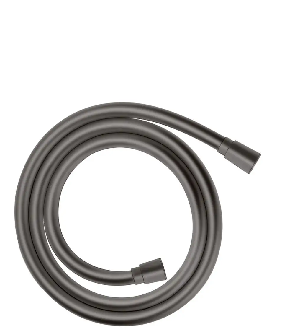 Brauseschlauch in schwarzem Chrom, spiralförmig gewunden, mit zwei offenen Enden zur Verbindung in Duschanlagen. Produkt von Hansgrohe.